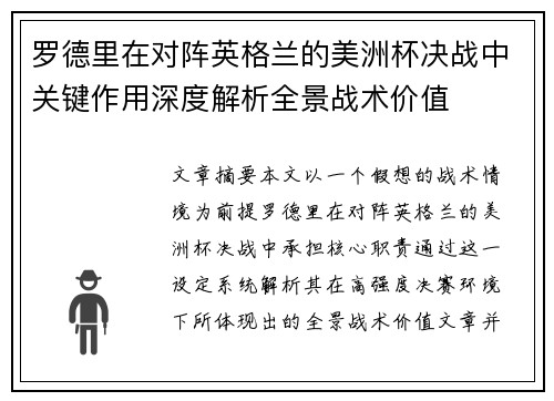 罗德里在对阵英格兰的美洲杯决战中关键作用深度解析全景战术价值