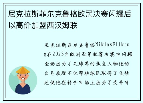 尼克拉斯菲尔克鲁格欧冠决赛闪耀后以高价加盟西汉姆联
